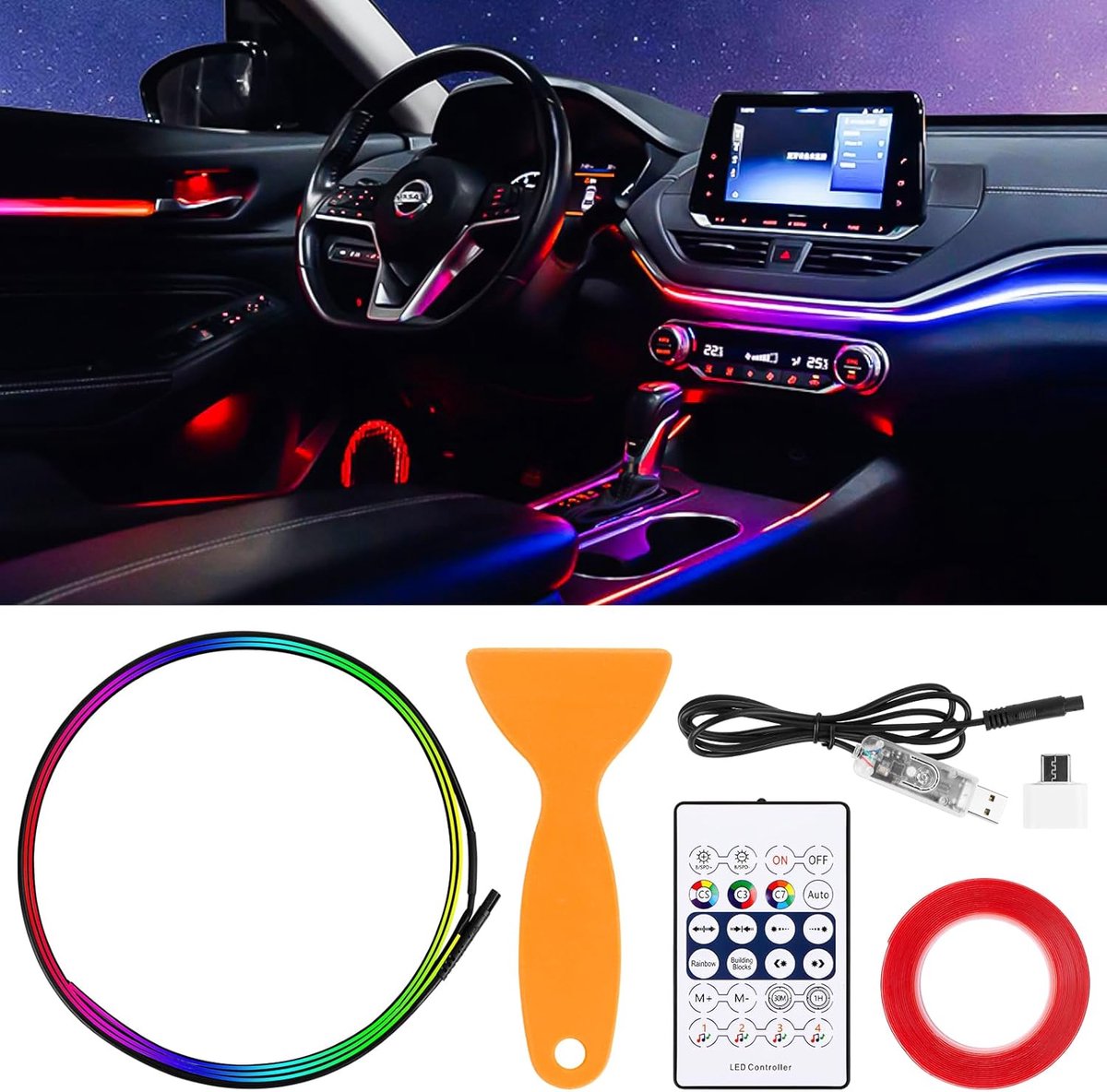Led-binnenverlichting voor de auto - USB-sfeerverlichting - autostrip - 110 cm - 146 leds - waterdicht - muziek - led-ogen voor autosfeerverlichting - interieurverlichting - autoaccessoires