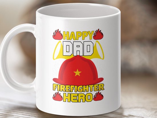 brandweerman vader, held vader cadeau, gelukkige vader mok, papa verjaardag, vaderdag cadeau, nieuwe papa idee, brandweer mok, vader brandweer, papa brandweerman, rode brandweerhelm, vlammen design, held thema, vaderheld mok
