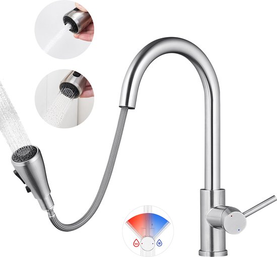 Zilverkleurige keukenkraan met hoge boog, uittrekbare sproeikop en instelbare temperatuur.