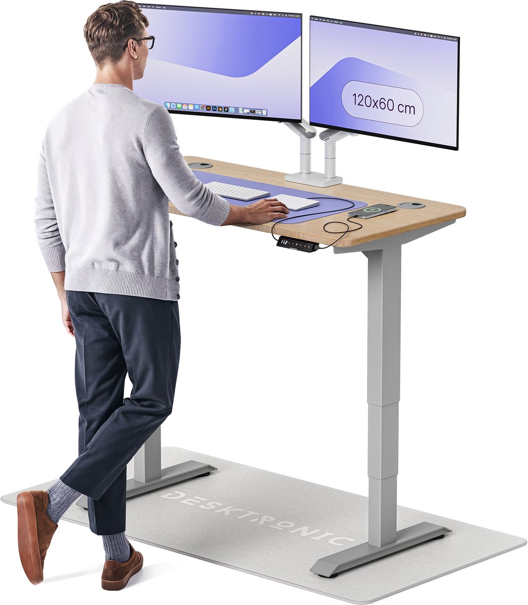 Desktronic HomePro Zit-sta Bureau Elektrisch In Hoogte Verstelbaar, 120x60 cm Bamboo/Grijs, Stille Dubbele Motor, Hoogte 62-126cm