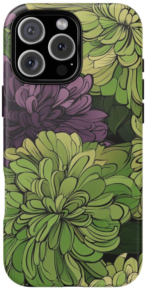 Groen-Paarse Chrysantenprint – Telefoonhoesje Geschikt voor iPhone 16 Pro Max