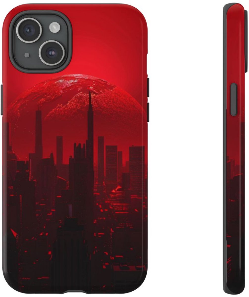 Futuristisch Stadsgezicht met Rode Planeet – Telefoonhoesje Geschikt voor iPhone 15 Plus