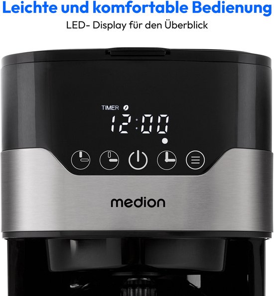 MEDION MD 18458 - Cafetière filtre programmable avec carafe isotherme - 900 Watt - 1,2 Litres - Argent