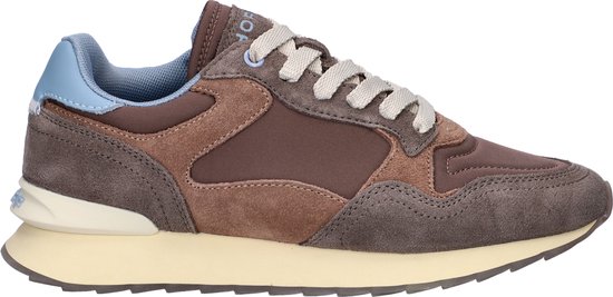 Bruine suède en stoffen sneakers met lichtblauwe accenten en crèmekleurige zool.