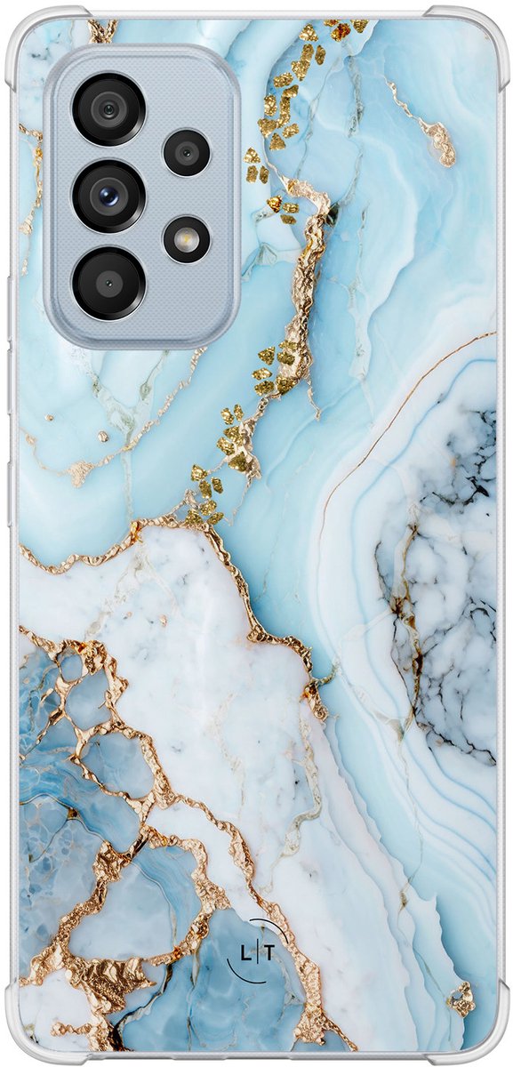 Shockproof hoesje - Geschikt voor Samsung Galaxy A53 - Marmer babyblauw - Extra sterke case - TPU/polycarbonaat - Marmer - Blauw, Transparant