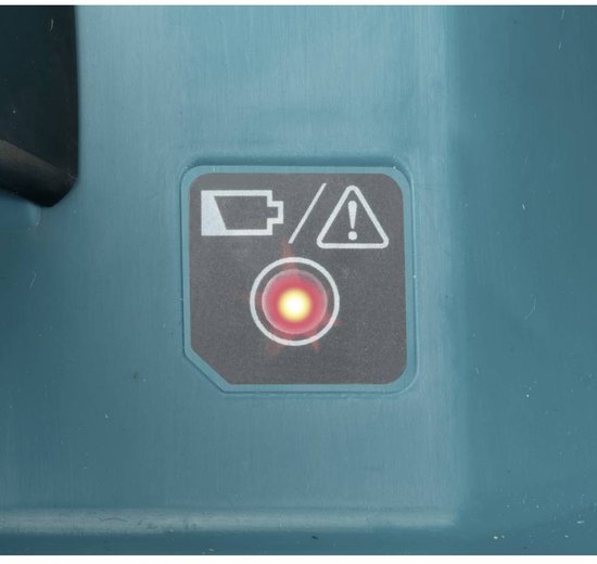 Waarschuwingslampje en batterij-indicator met rode lamp op een teal apparaat.