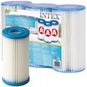 Een Intex filtercartridge type A naast een 3-pack Intex Krystal Clear filtercartridges.