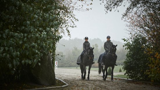 Twee ruiters in het zwart, elk op een paard, in een bosrijke omgeving met lichte mist.