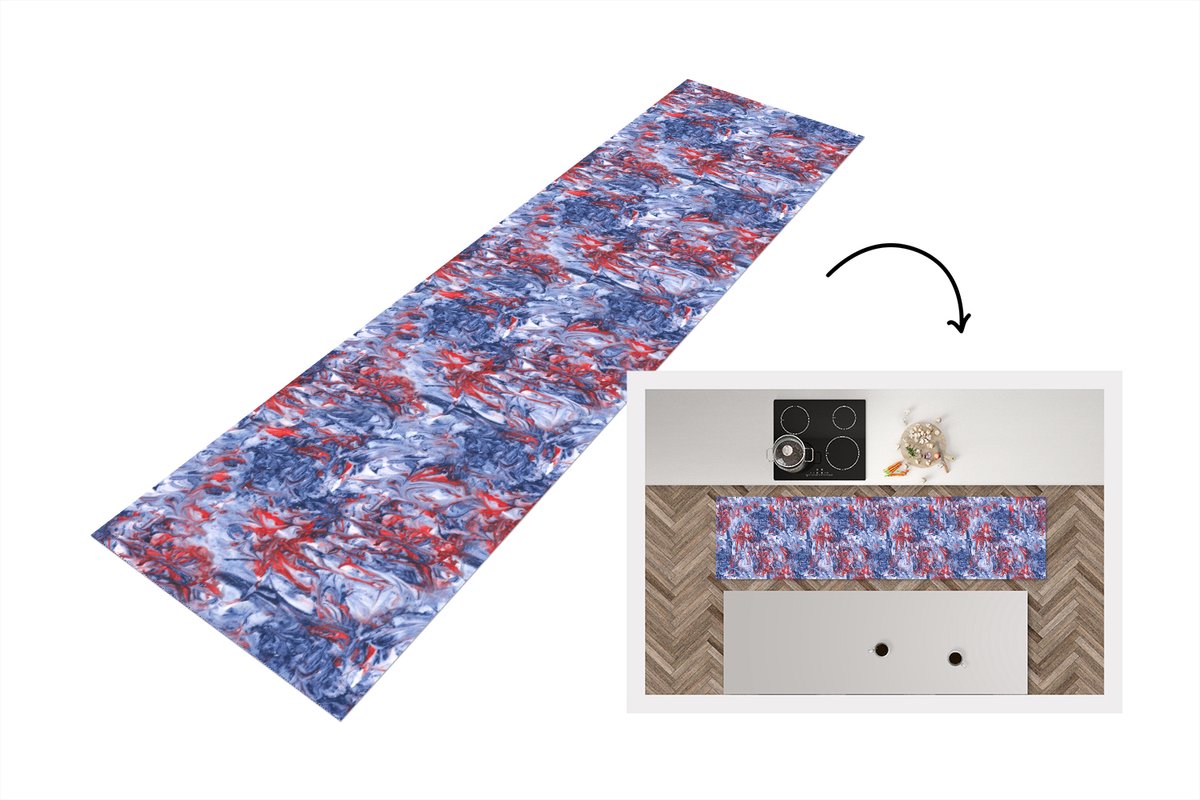 KitchenYeah Keukenloper - Keukenmat vinyl Blauw - Rood - Marmer print - Patronen - Keukenmatten loper - Keuken vloerkleed tapijt, foto 2