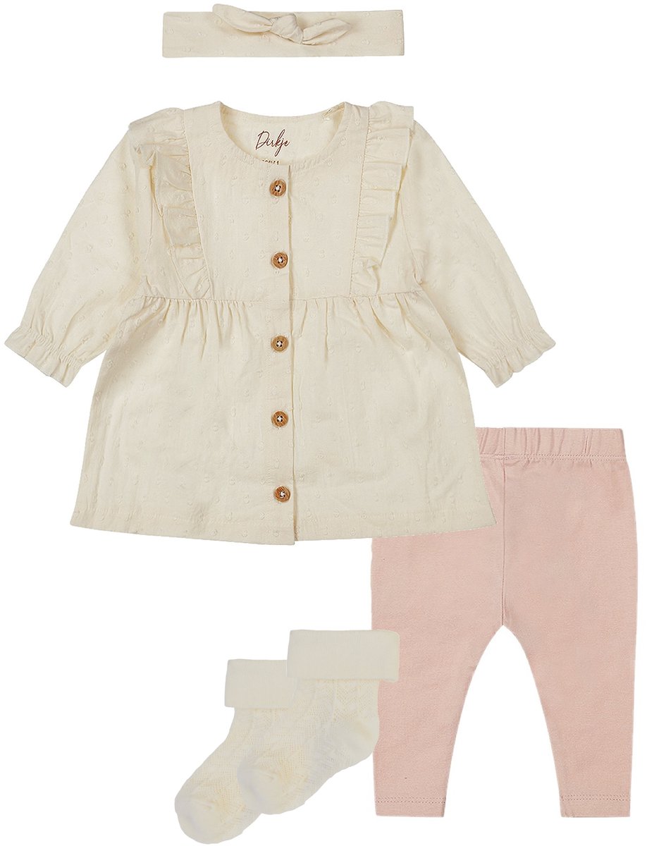 Dirkje Noppies - Kledingset - 4delig - Dirkje Jurkje met haarband - Legging - Light Dusty Pink - 1 paar noppies sokjes oatmeal met werkje - Maat 68