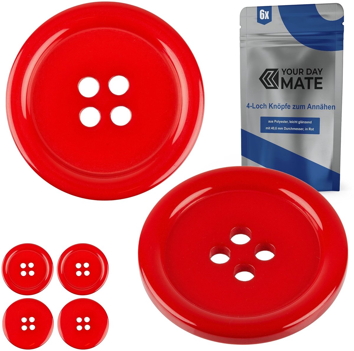 Knopen voor kleding, 6 stuks, 4-gats, Ø 40,6 mm, in rood, gemaakt van polyester, maat 64L, harsknopen voor jassen, mantels, overhemden, poloshirts, DIY-knoop van kunsthars, wasknopen, basisknoop, knutselknopen