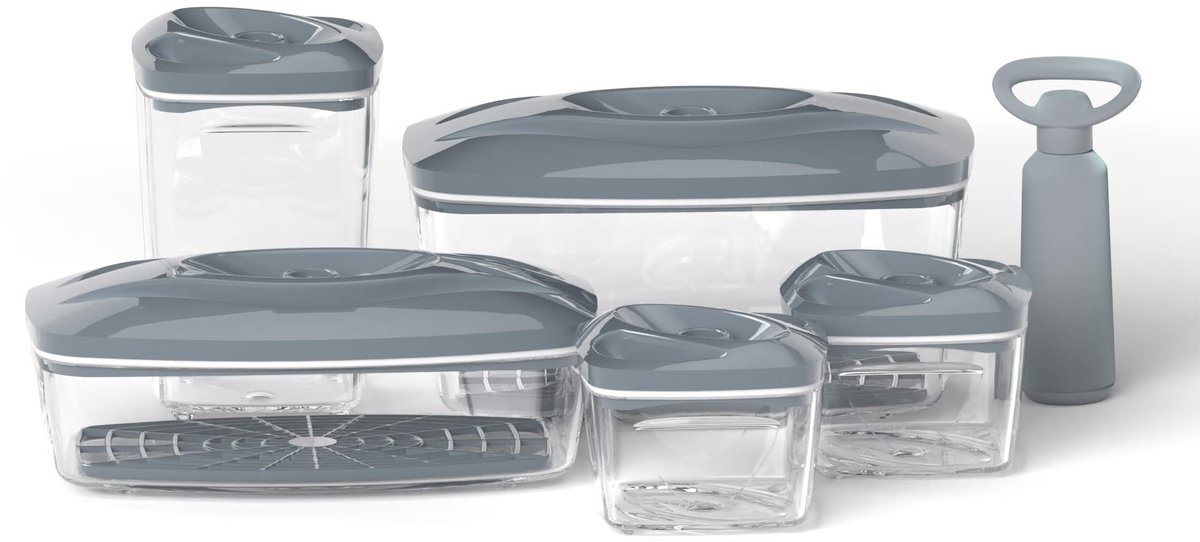 DAFI Set met vacuümcontainer SeeYoo Set van 5, grijs - incl. pomp, voedselbewaarcontainers met deksels, voedselcontainers, opbergcontainers, opbergcontainerset - maaltijdvoorbereidingsboxen