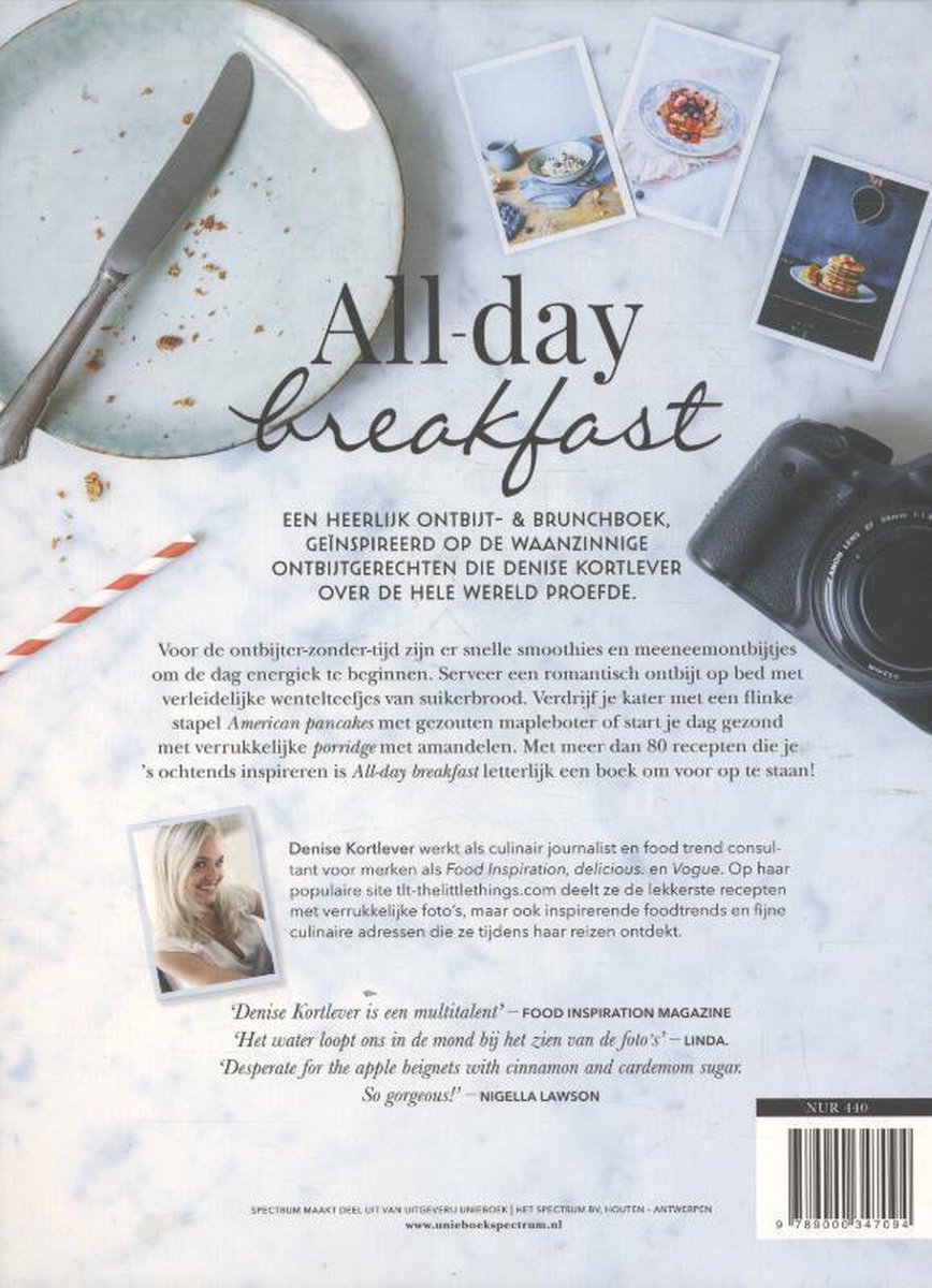 Achterkant boek "All-day breakfast" met foto's van ontbijtgerechten en een camera.