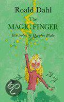 Boekomslag van "The Magic Finger" van Roald Dahl, geïllustreerd door Quentin Blake, met een meisje dat een gele magische vinger omhoog houdt.