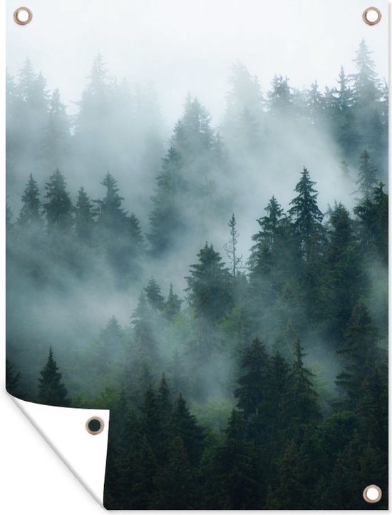 Tuinposter - Mist - Bomen - Bos - 120x160 cm - Schuttingposter - Natuur - Muurdecoratie - Wanddecoratie - Tuindoek - Buitenposter
