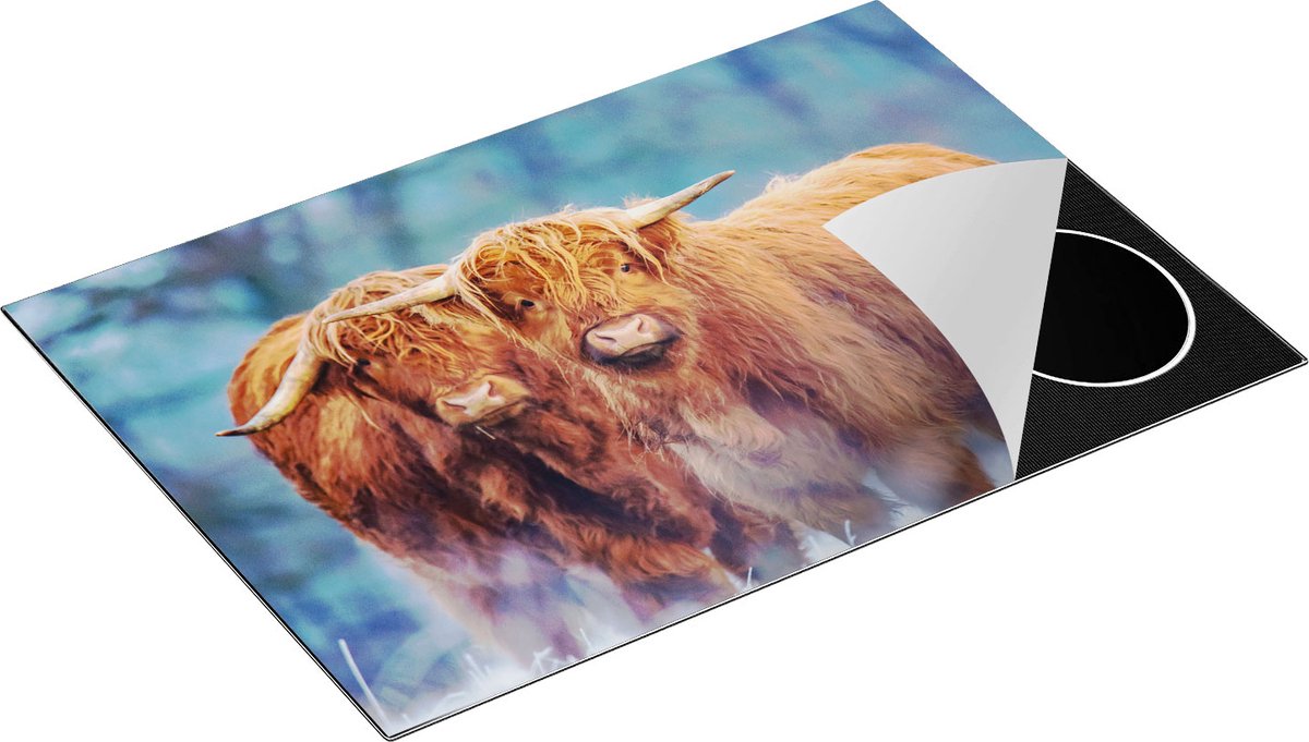 Chefcare Inductie Beschermer Twee Schotse Hooglanders in de Sneeuw - 75x50 cm - Afdekplaat Inductie - Kookplaat Beschermer - Inductie Mat
