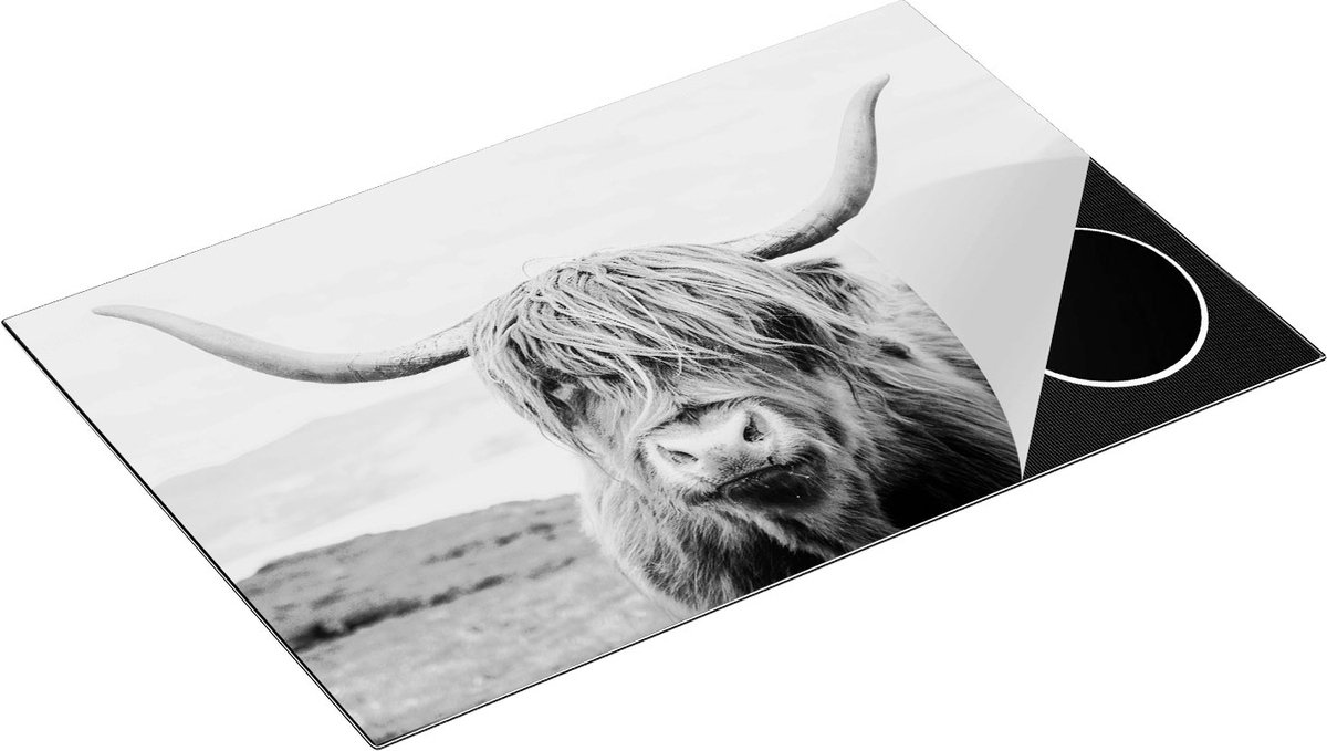 Chefcare Inductie Beschermer Schotse Hooglander in het Zwart Wit - 80x50 cm - Afdekplaat Inductie - Kookplaat Beschermer - Inductie Mat