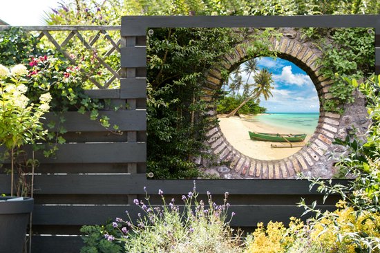 Jardin - Palmier - Vue - Pierre - Canoë - Toile de clôture - 120x80 cm - Affiche de jardin - Toile de jardin