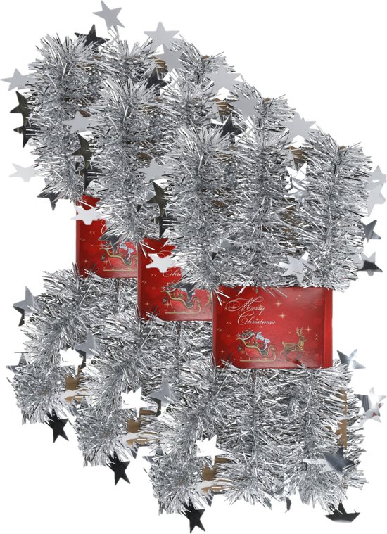 Foto: 3x stuks lametta kerstslingers met sterretjes zilver 200 x 6 5 cm kerstslingers kerst guirlandes