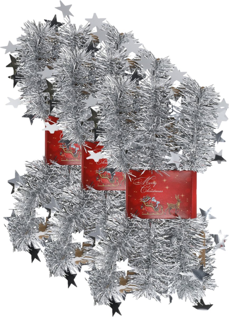 3x stuks lametta kerstslingers met sterretjes zilver 200 x 6,5 cm - kerstslingers/kerst guirlandes