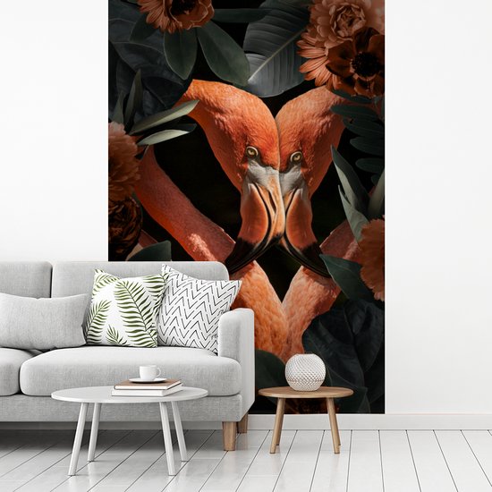 Deux flamants roses entre les feuilles et les fleurs 160x240 cm