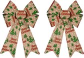 2x stuks kerstboomversieringen grote ornament strikjes/strikken creme/rood print 22 x 38 cm - Met ophanging