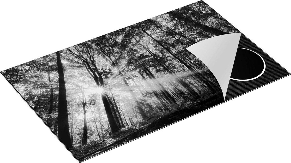 Chefcare Inductie Beschermer Bos met Zon tussen de Hoge Bomen - Zwart Wit - 85x50 cm - Afdekplaat Inductie - Kookplaat Beschermer - Inductie Mat