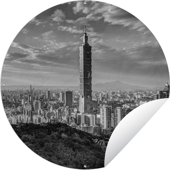 Tuincirkel De Taipei 101 in Taiwan in de middag - zwart wit - 60x60 cm - Ronde Tuinposter - Buiten