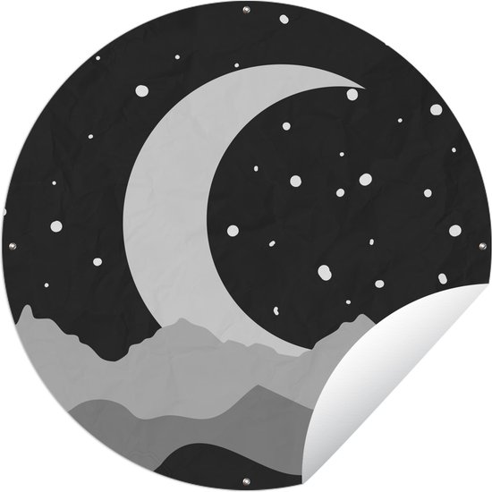 Tuincirkel Nacht - Maan - Zwart - Wit - 60x60 cm - Ronde Tuinposter - Buiten