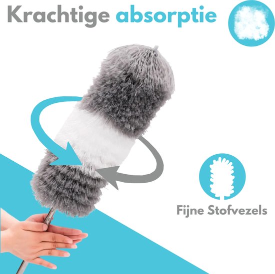 Plumeau duveteux gris avec bande blanche, sur manche télescopique, avec flèches indiquant la rotation. Texte "Puissante absorption".