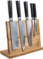 Shinrai Japan™ - COMBIDEAL - Ensemble de couteaux avec bloc de couteaux magnétique - Ensemble de couteaux 5 pièces Damast BR martelé + Support en acacia Style 1 - Fourni dans une boîte cadeau de luxe