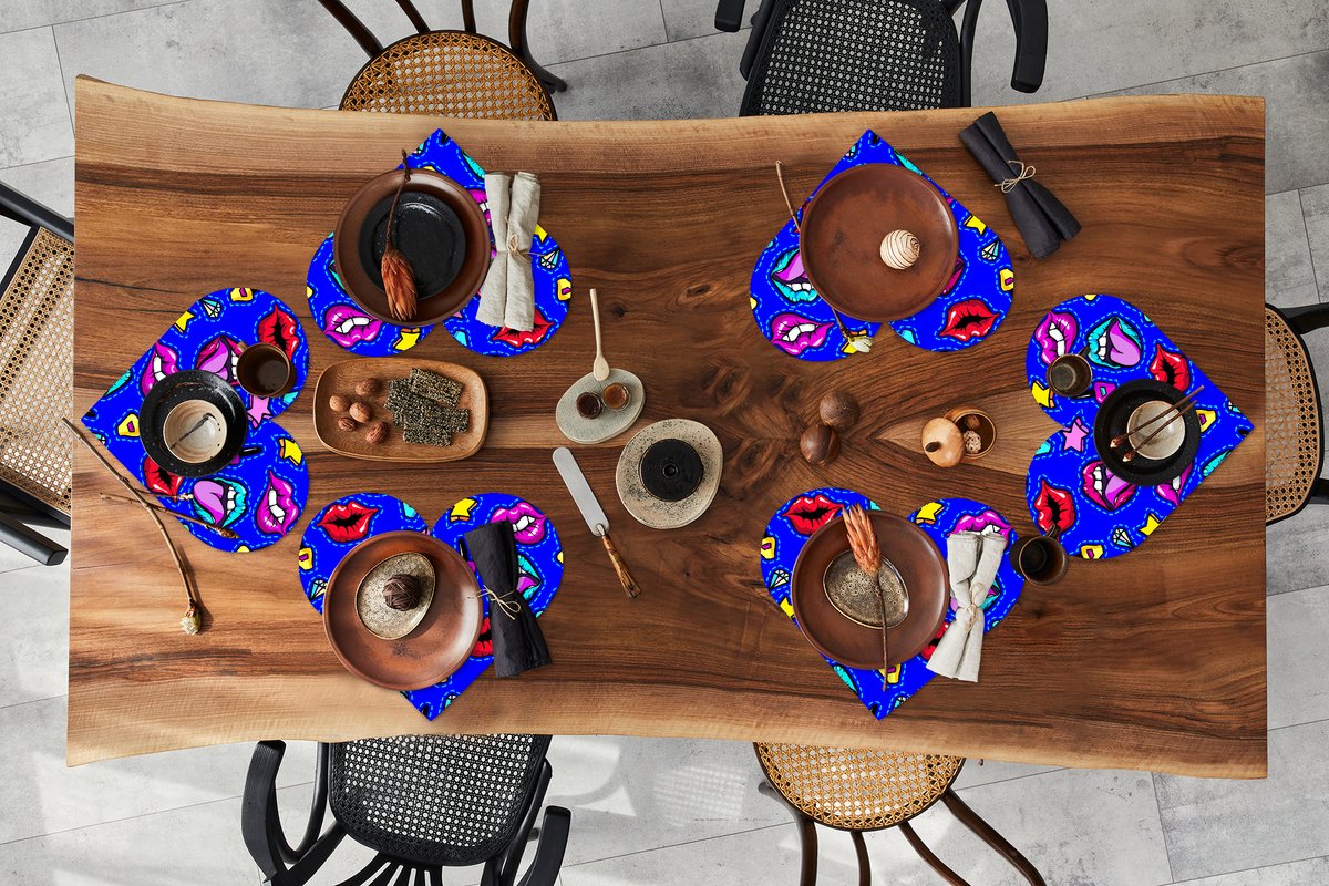 Onderleggers - Placemats - Placemats hartje - Patroon - Popart - Neon - Blauw - 6 stuks