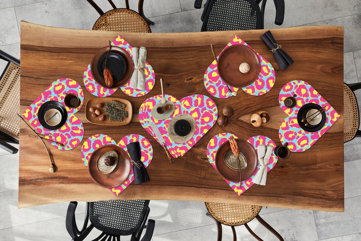 Onderleggers - Placemats - Placemats hartje - Panterprint - Roze - Geel - Patroon - 10 stuks