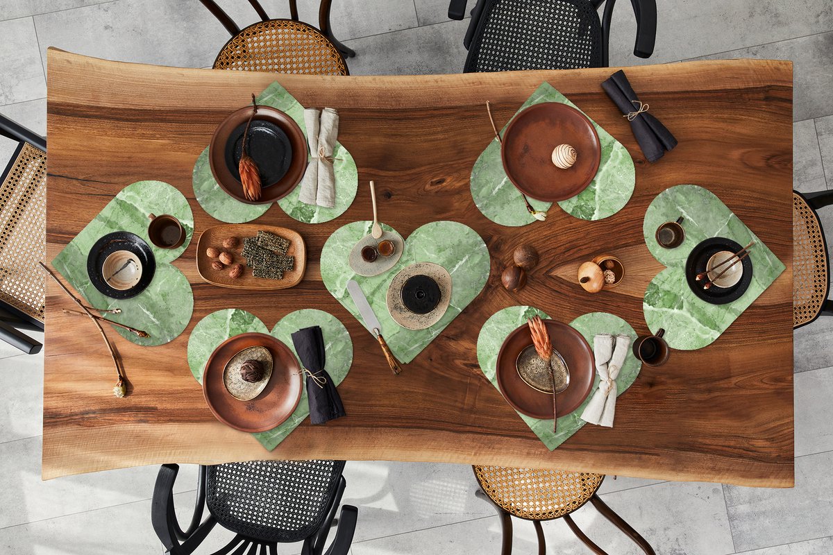 Onderleggers - Placemats - Placemats hartje - Graniet print - Keien - Wit - Groen - 8 stuks