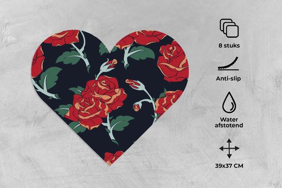 Dessous de verre - Napperons - Napperons de table cœur - Roses - Bloem - Motif - Rouge - 8 pièces