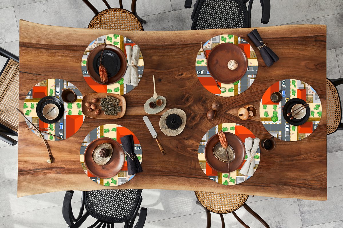 Ronde placemats - Onderlegger - Placemats rond - Auto - Patronen - Wegen - Steden - 6 stuks