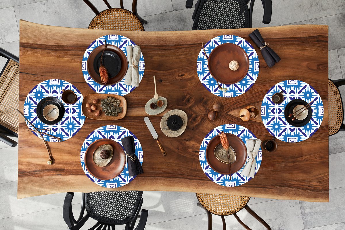 Ronde placemats - Onderlegger - Placemats rond - Vector - Blauw - Tegels - Patronen - 6 stuks