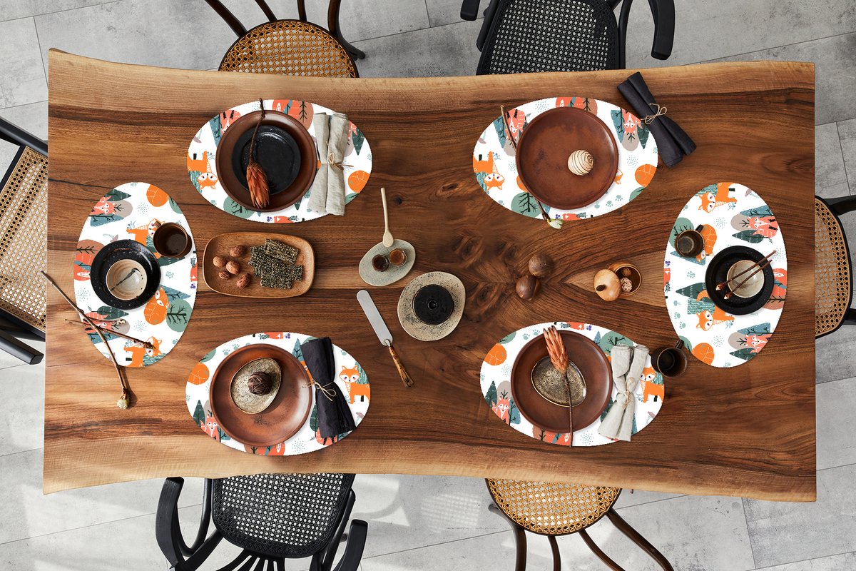 Placemats ovaal - Onderleggers - Ovale placemats - Patronen - Vos - boom - 6 stuks
