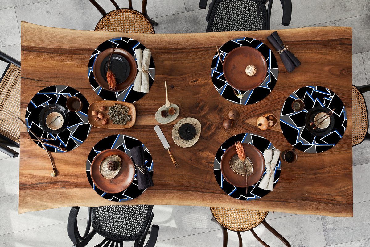 Ronde placemats - Onderlegger - Placemats rond - Vormen - Geometrie - Zwart - Design - 6 stuks