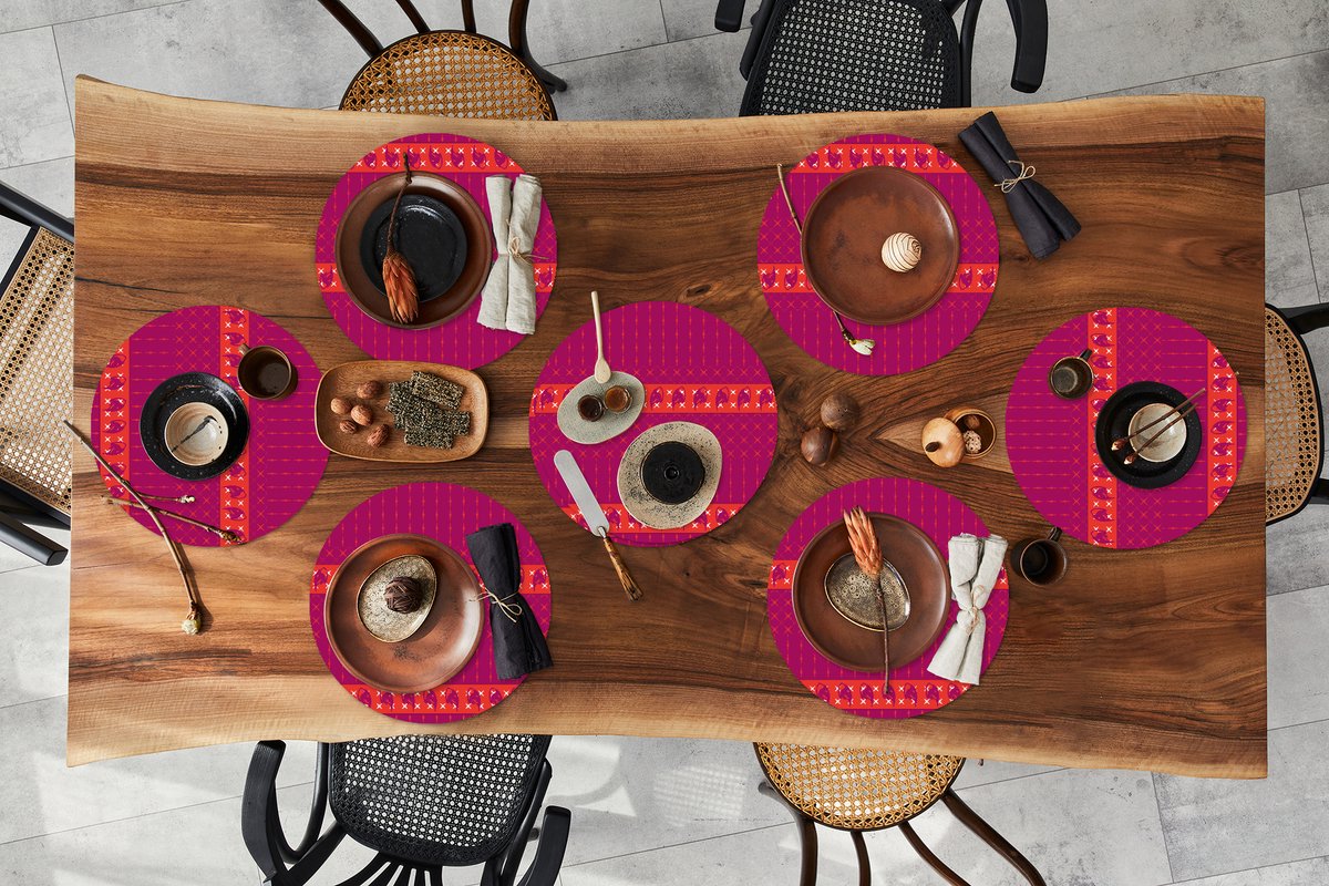 Ronde placemats - Onderlegger - Placemats rond - Olifant - Design - Roze - 8 stuks