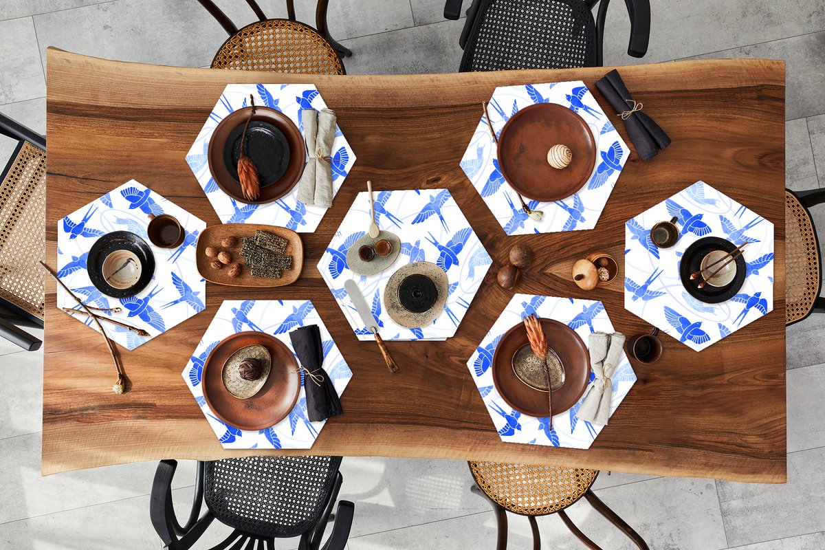 Placemats hexagon - Onderleggers placemats - Placemat zeshoek - Patroon - Blauw - Vogel - 8 stuks