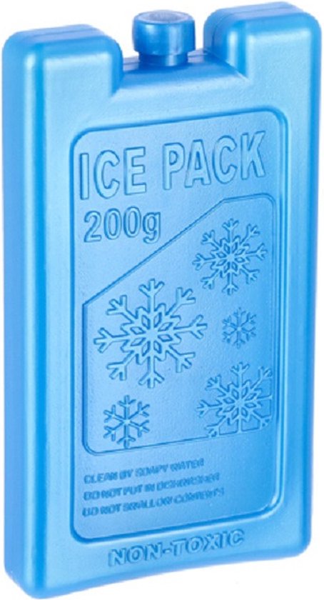 Blauw 'ICE PACK 200g' koelelement met sneeuwvlokken en tekst 'NON-TOXIC'. 8 x 15 cm.