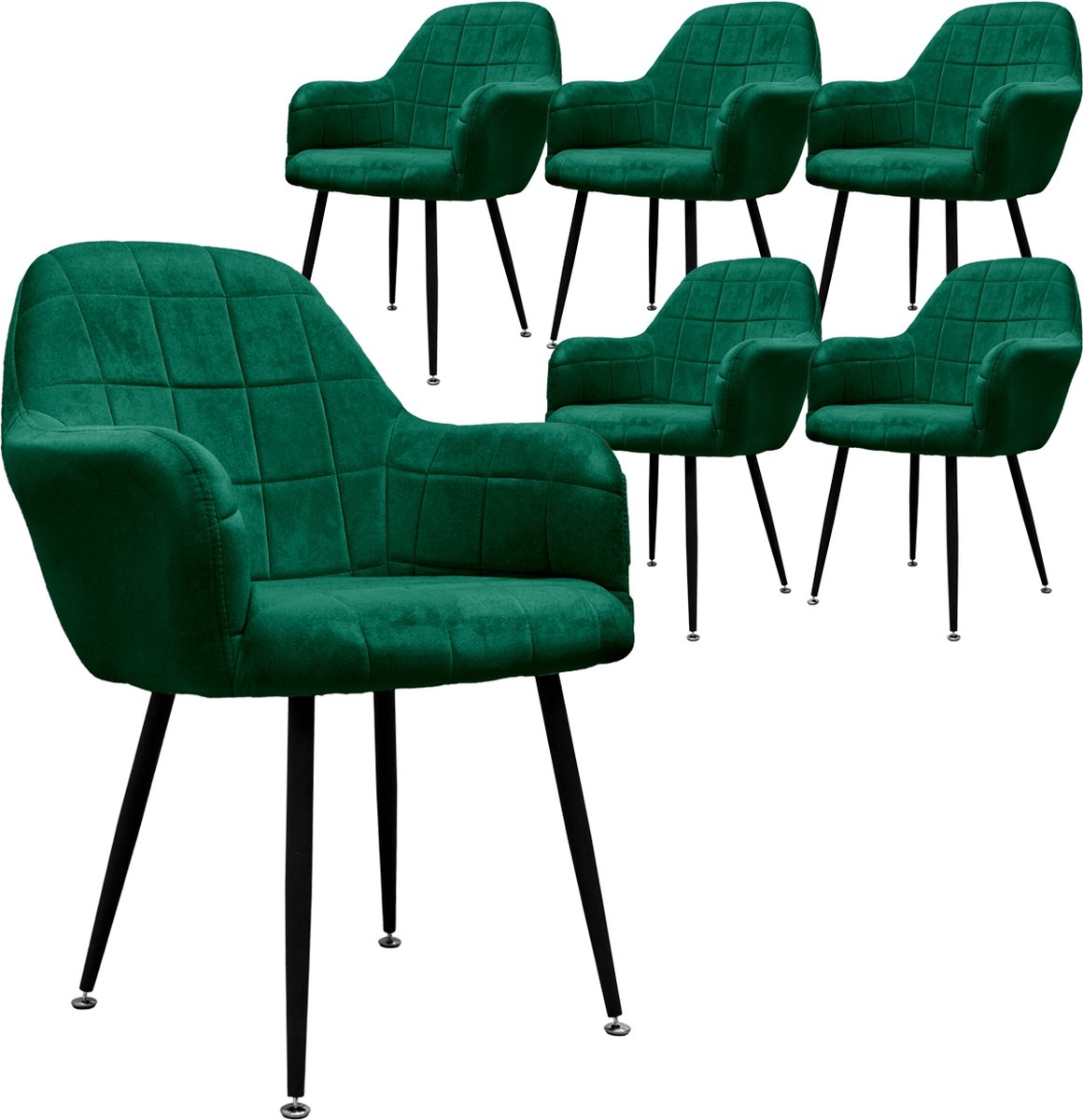ml-design ECD Germany Eetkamerstoelen set van 6 eetkamerstoelen met rugleuning en armleuningen, donkergroen, fluwelen zitting, gestoffeerd, met zwart metalen poten, keukenstoel woonkamer stoel gestoffeerde