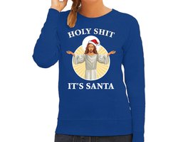 Holy shit its Santa fout Kerstsweater / kersttrui blauw voor dames - Kerstkleding / Christmas outfit XL