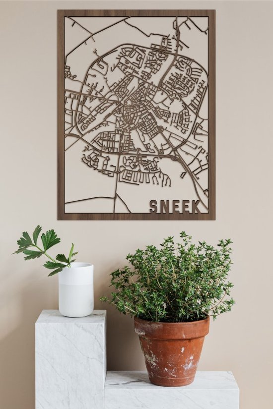 Houten Stadskaart Sneek Notenhout 30x40cm Wanddecoratie Voor Aan De Muur City Shapes