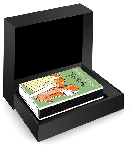 Een boek in luxe geschenkdoos, met op de omslag een illustratie van een vrouw met oranje haar.
