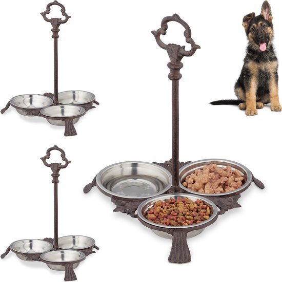 Relaxdays 3x bol de nourriture pour chien avec standard - bol pour chien en fonte antique - 3 bols de nourriture en acier inoxydable