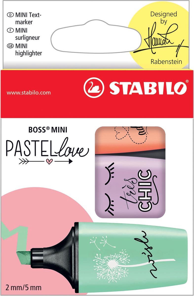 STABILO BOSS MINI Pastellove markeerstift, doosje van 3 stuks in geassorteerde pastelkleuren 10 stuks