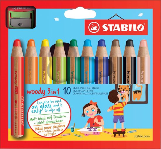 STABILO woody 3 in 1 - Multi Talent Kleurpotloden - Etui Met 10 Kleuren + Puntenslijper