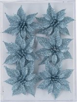6x stuks decoratie bloemen rozen ijsblauw glitter op ijzerdraad 8 cm - Decoratiebloemen/kerstboomversiering/kerstversiering